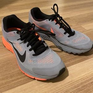 Coral, black, and gray running shoes. Nike 9.5